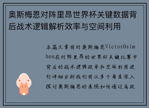 奥斯梅恩对阵里昂世界杯关键数据背后战术逻辑解析效率与空间利用 奥斯梅恩对阵里昂世界杯关键数据背后战术逻辑解析效率与空间利用